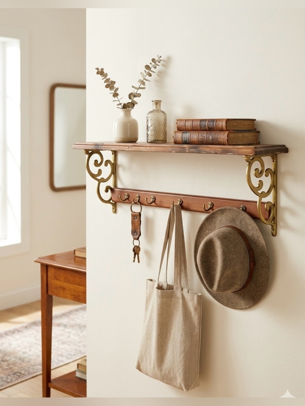 Vintage Wooden Wall Shelf with Brass Hooks & Ornate Scroll Brackets 🪵✨